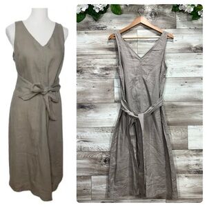 Adrienne Vittadini 100% linen tan sleeveless midi dress belted size S minimalist